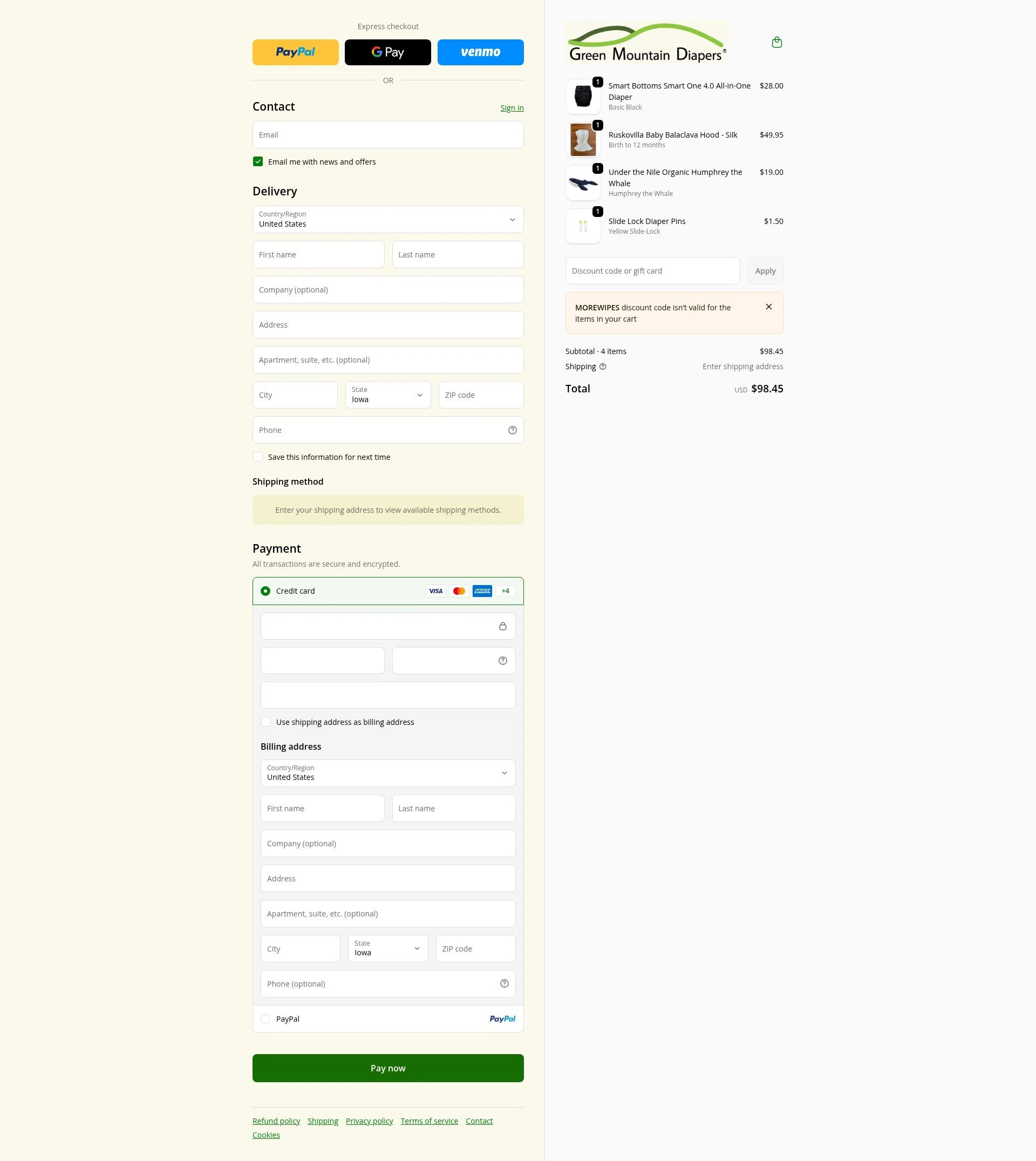 Green Mountain Diapers checkout page showing Green Mountain Diapers discount code box | Screenshot taken by SimplyCodes community member on Feb 3, 2026