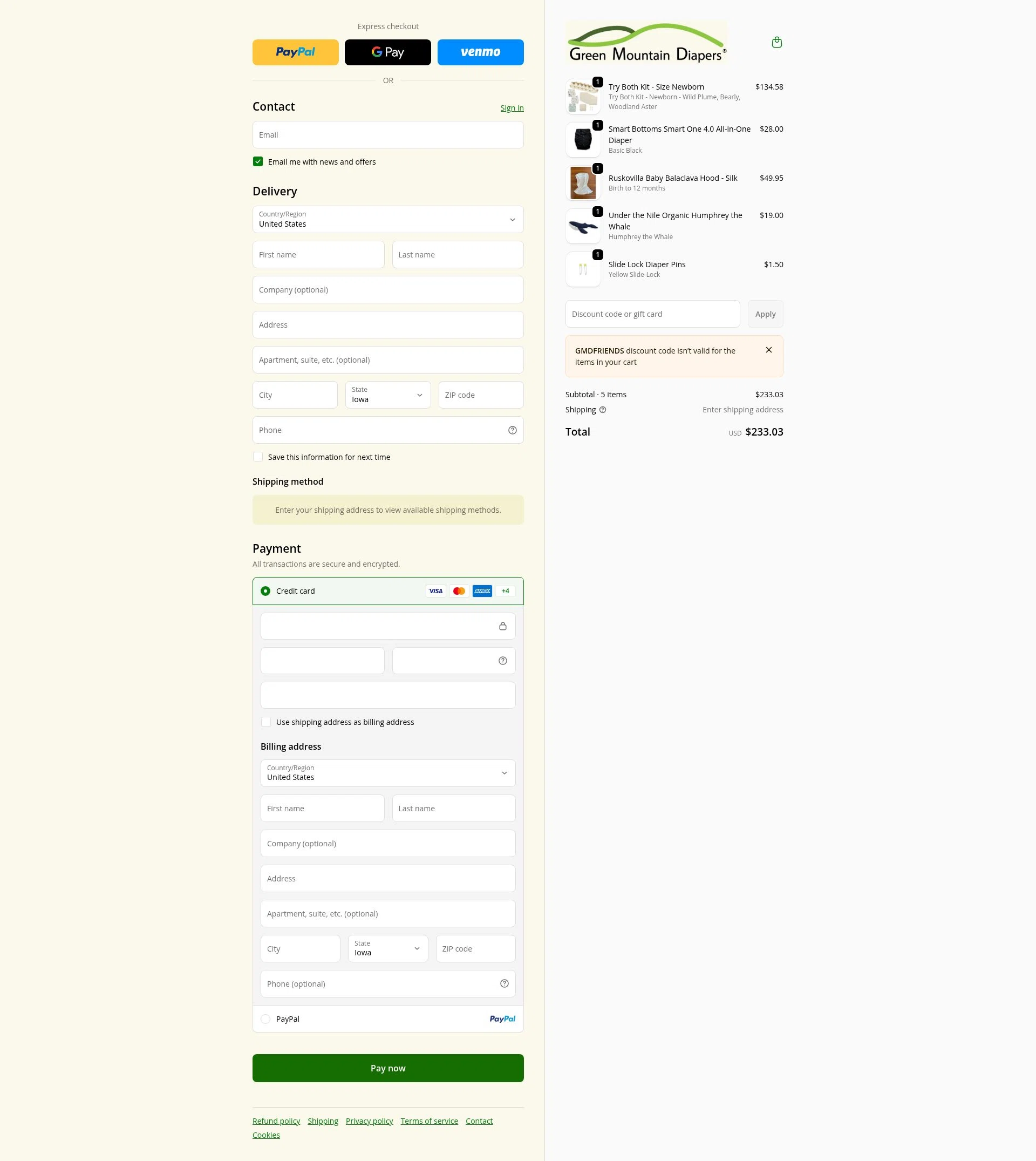 Green Mountain Diapers checkout page showing Green Mountain Diapers discount code box | Screenshot taken by SimplyCodes community member on Feb 7, 2026