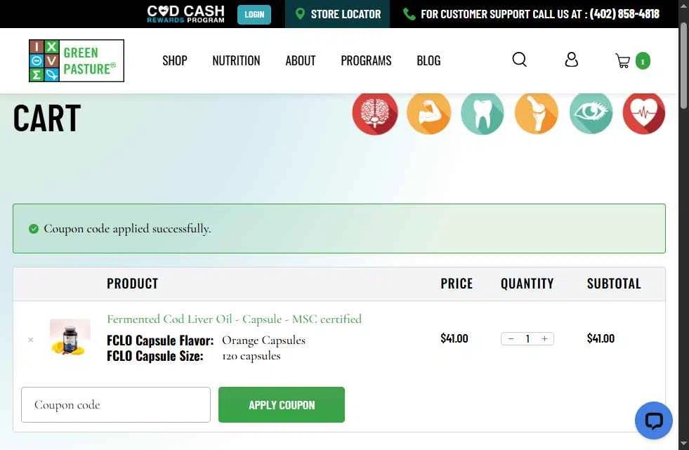 Green Pasture checkout page showing Green Pasture coupon code box | Screenshot taken by SimplyCodes community member on Dec 27, 2025