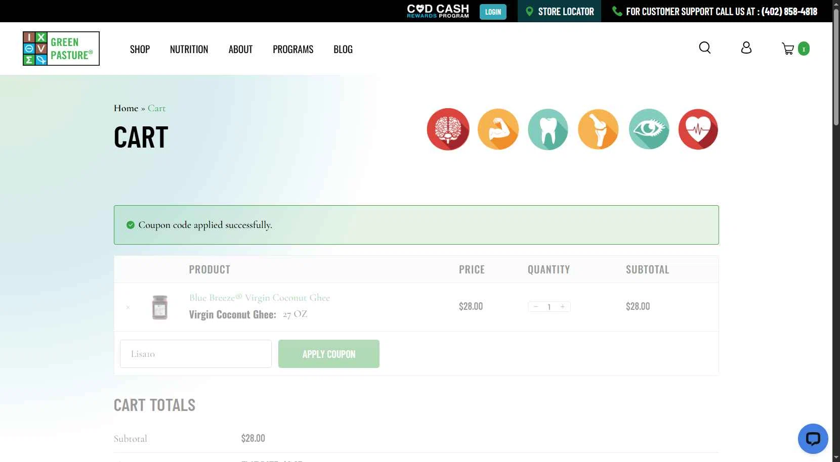Green Pasture checkout page showing Green Pasture coupon code box | Screenshot taken by SimplyCodes community member on Dec 26, 2025