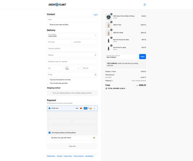 Green Planet US checkout page showing Green Planet US promo code box | Screenshot taken by SimplyCodes community member on Sep 7, 2025