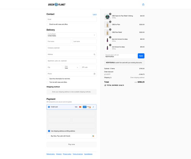 Green Planet US checkout page showing Green Planet US promo code box | Screenshot taken by SimplyCodes community member on Sep 7, 2025