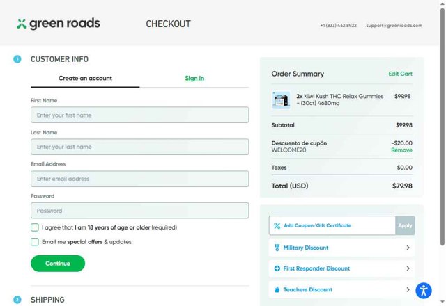Green Roads checkout page showing Green Roads coupon code box | Screenshot taken by SimplyCodes community member on Apr 29, 2025