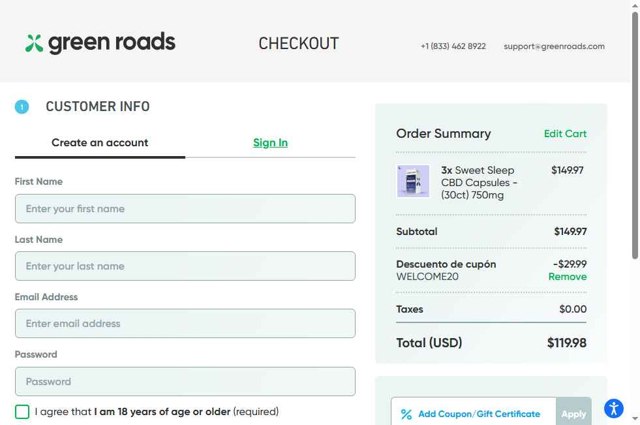 Green Roads checkout page showing Green Roads coupon code box | Screenshot taken by SimplyCodes community member on Apr 29, 2025