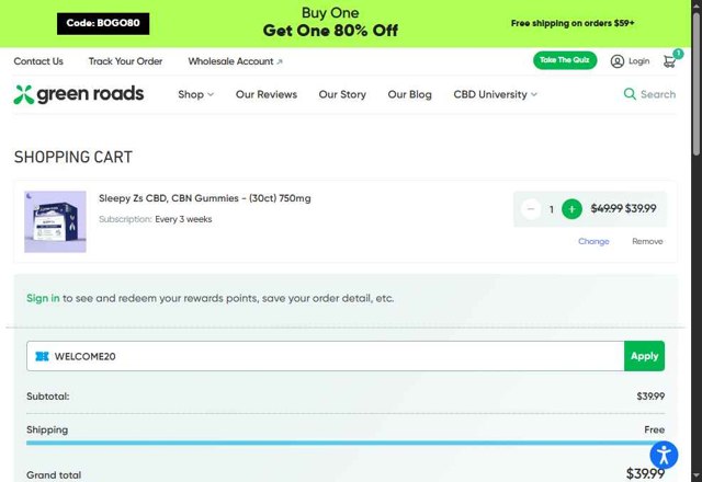 Green Roads checkout page showing Green Roads coupon code box | Screenshot taken by SimplyCodes community member on Apr 29, 2025