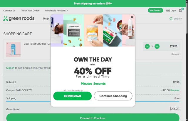 Green Roads checkout page showing Green Roads coupon code box | Screenshot taken by SimplyCodes community member on Jul 30, 2025