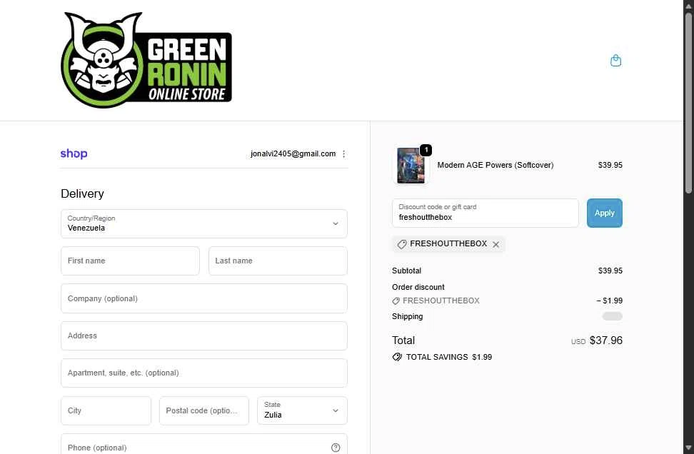 Green Ronin Publishing checkout page showing Green Ronin Publishing promo code box | Screenshot taken by SimplyCodes community member on Jan 12, 2026