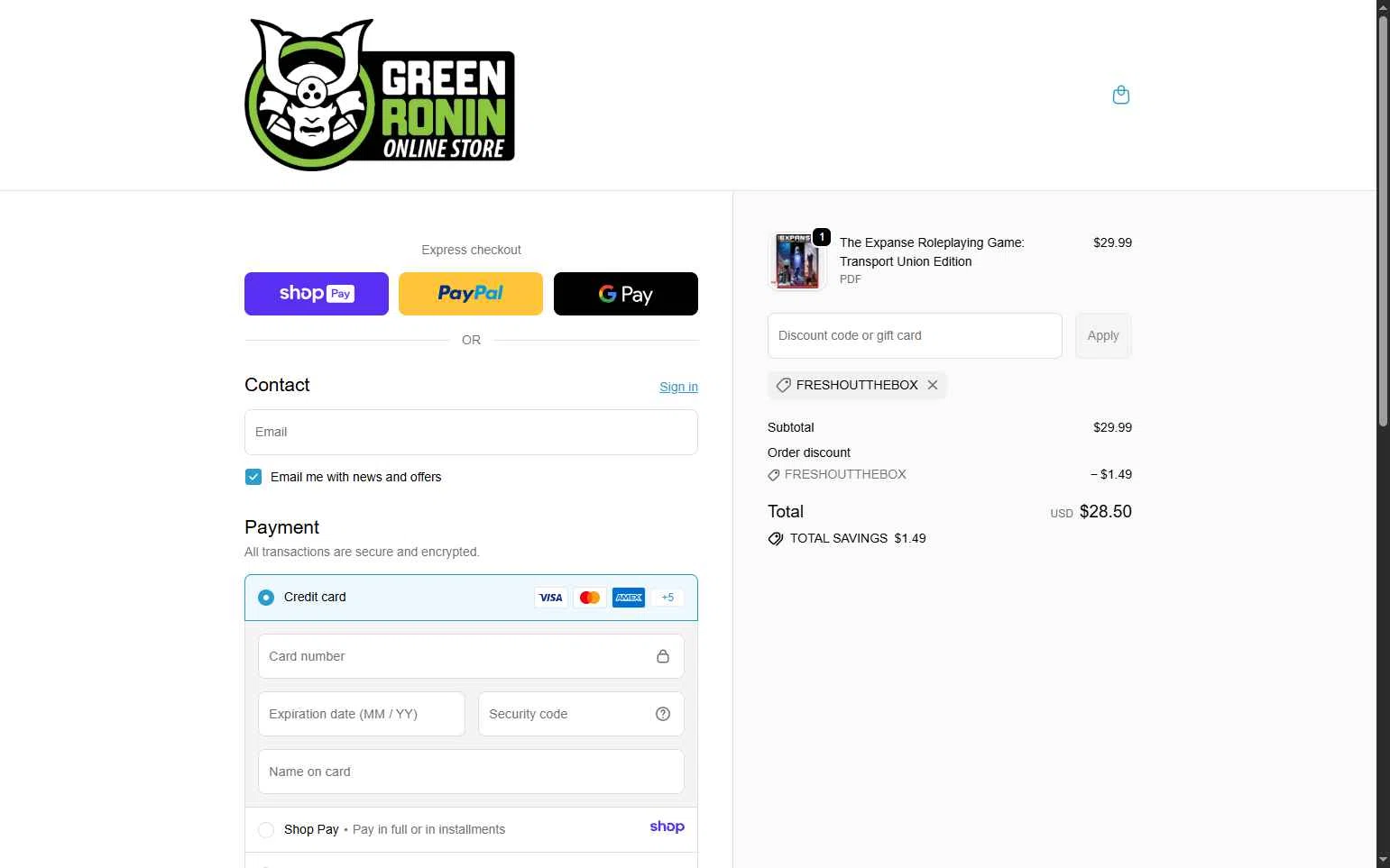 Green Ronin Publishing checkout page showing Green Ronin Publishing promo code box | Screenshot taken by SimplyCodes community member on Jan 12, 2026
