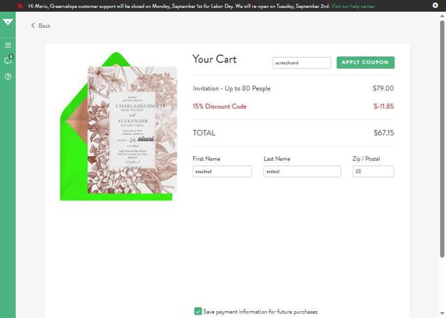 GreenVelope checkout page showing GreenVelope coupon code box | Screenshot taken by SimplyCodes community member on Sep 1, 2025