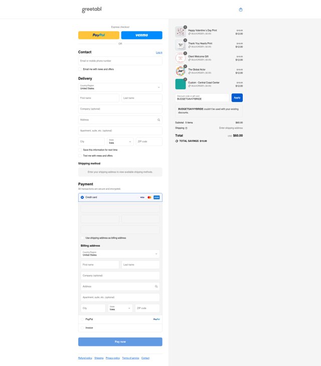 Greetabl checkout page showing Greetabl promo code box | Screenshot taken by SimplyCodes community member on Aug 31, 2025