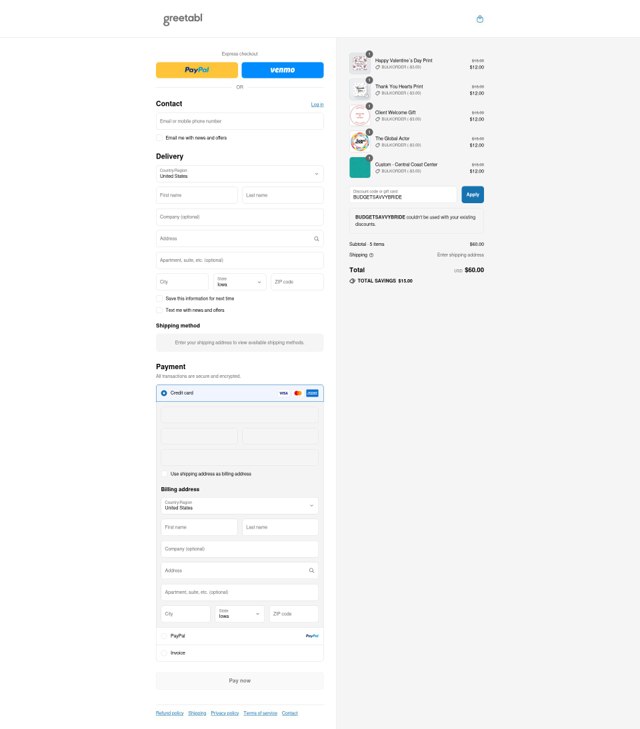 Greetabl checkout page showing Greetabl promo code box | Screenshot taken by SimplyCodes community member on Aug 14, 2025
