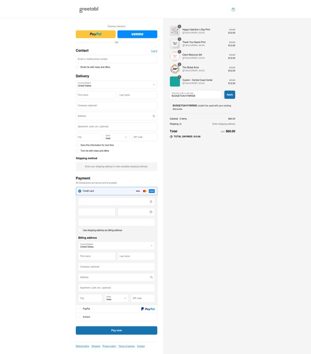 Greetabl checkout page showing Greetabl promo code box | Screenshot taken by SimplyCodes community member on Aug 10, 2025