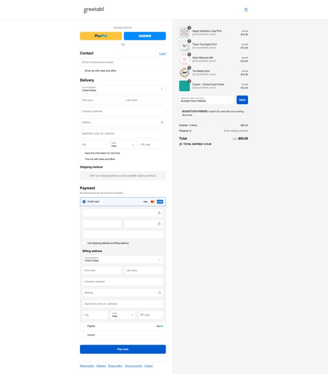 Greetabl checkout page showing Greetabl promo code box | Screenshot taken by SimplyCodes community member on Aug 27, 2025