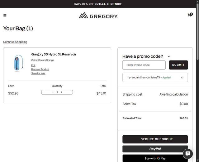 Gregory checkout page showing Gregory coupon code box | Screenshot taken by SimplyCodes community member on Sep 14, 2025