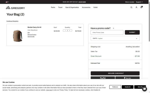 Gregory checkout page showing Gregory coupon code box | Screenshot taken by SimplyCodes community member on Sep 11, 2025