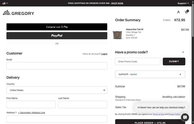 Gregory checkout page showing Gregory coupon code box | Screenshot taken by SimplyCodes community member on Aug 18, 2025