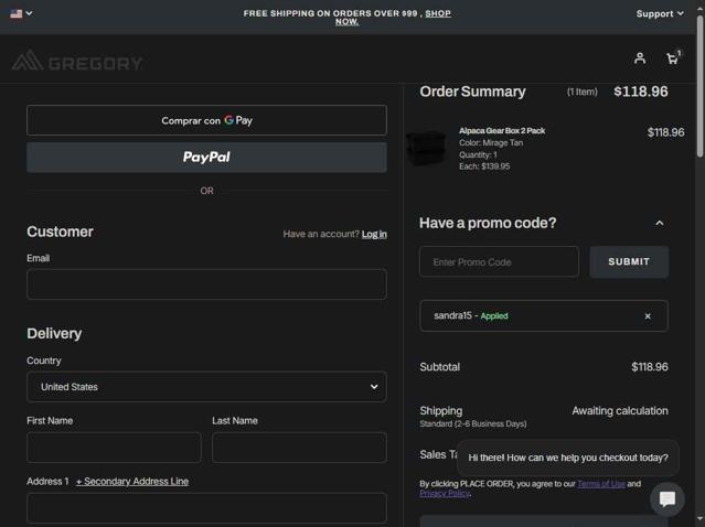 Gregory checkout page showing Gregory coupon code box | Screenshot taken by SimplyCodes community member on Aug 21, 2025