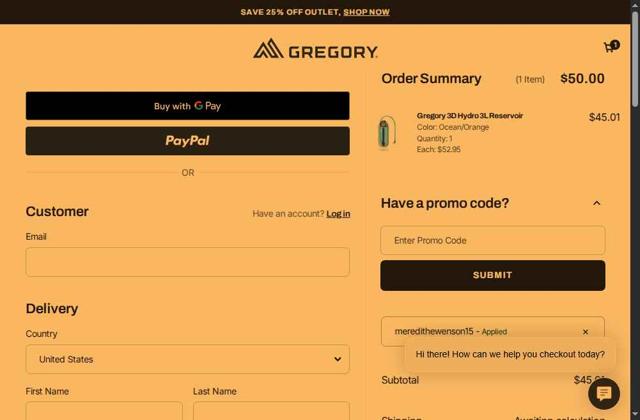 Gregory checkout page showing Gregory coupon code box | Screenshot taken by SimplyCodes community member on Sep 12, 2025