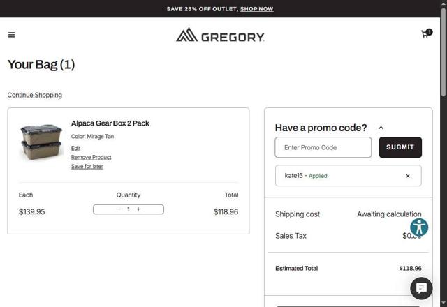 Gregory checkout page showing Gregory coupon code box | Screenshot taken by SimplyCodes community member on Sep 14, 2025