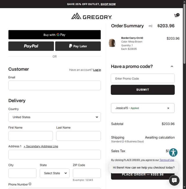 Gregory Packs checkout page showing Gregory Packs coupon code box | Screenshot taken by SimplyCodes community member on Sep 13, 2025