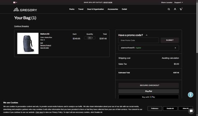 Gregory Packs checkout page showing Gregory Packs coupon code box | Screenshot taken by SimplyCodes community member on Sep 12, 2025