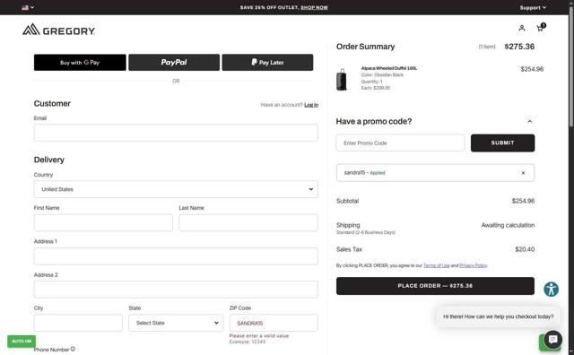 Gregory Packs checkout page showing Gregory Packs coupon code box | Screenshot taken by SimplyCodes community member on Sep 10, 2025