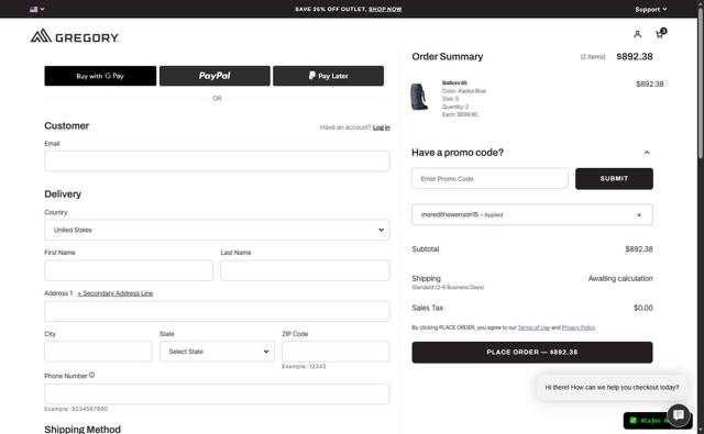 Gregory Packs checkout page showing Gregory Packs coupon code box | Screenshot taken by SimplyCodes community member on Sep 10, 2025