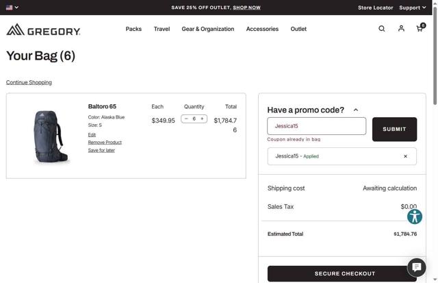 Gregory Packs checkout page showing Gregory Packs coupon code box | Screenshot taken by SimplyCodes community member on Sep 13, 2025