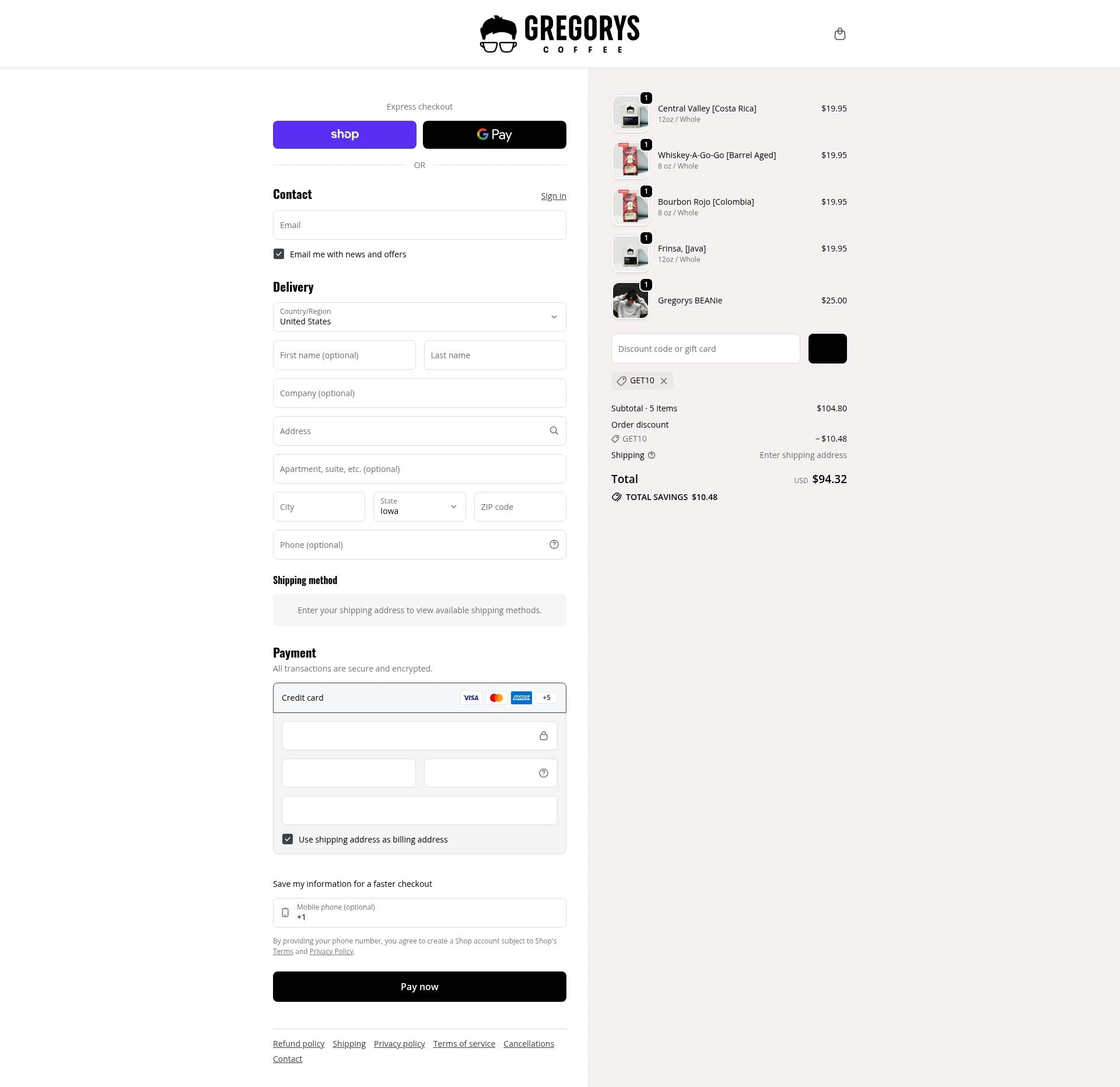 Gregorys Coffee checkout page showing Gregorys Coffee promo code box | Screenshot taken by SimplyCodes community member on Jan 15, 2026
