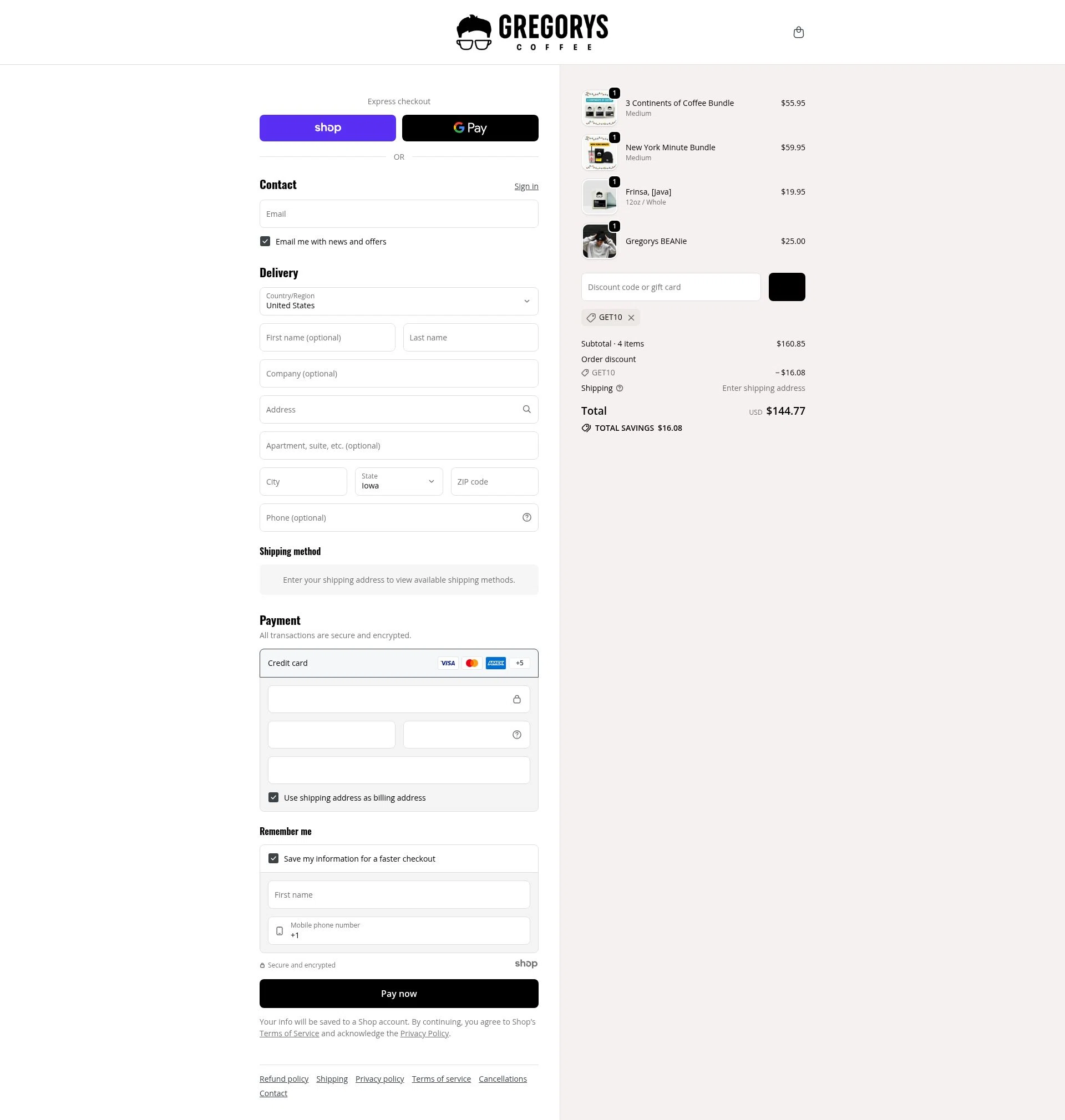 Gregorys Coffee checkout page showing Gregorys Coffee promo code box | Screenshot taken by SimplyCodes community member on Dec 26, 2025