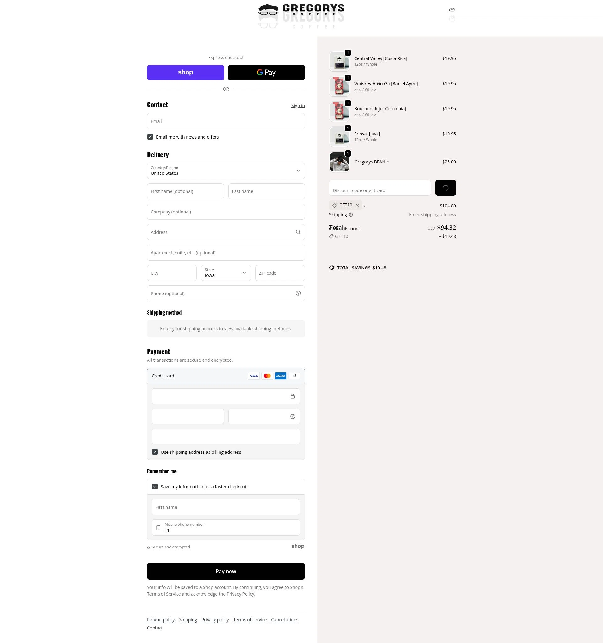 Gregorys Coffee checkout page showing Gregorys Coffee promo code box | Screenshot taken by SimplyCodes community member on Jan 29, 2026