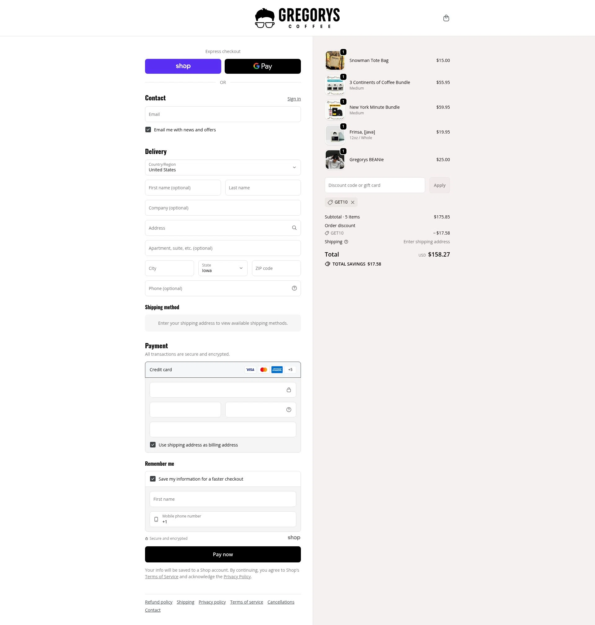 Gregorys Coffee checkout page showing Gregorys Coffee promo code box | Screenshot taken by SimplyCodes community member on Dec 13, 2025