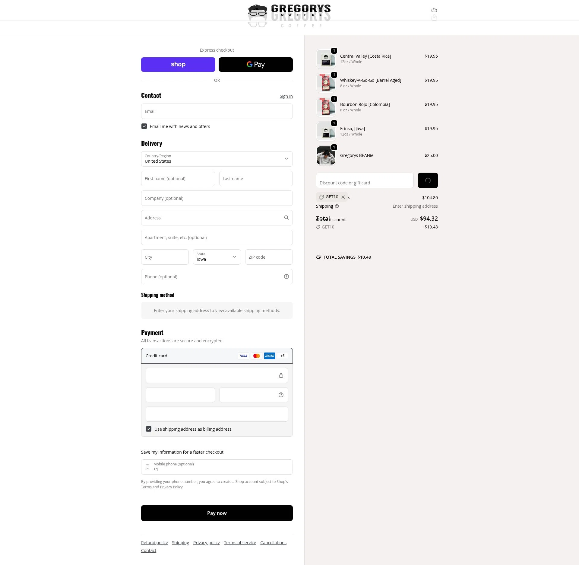 Gregorys Coffee checkout page showing Gregorys Coffee promo code box | Screenshot taken by SimplyCodes community member on Feb 2, 2026