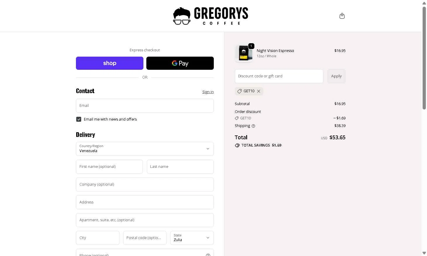 Gregorys Coffee checkout page showing Gregorys Coffee promo code box | Screenshot taken by SimplyCodes community member on Jan 26, 2026