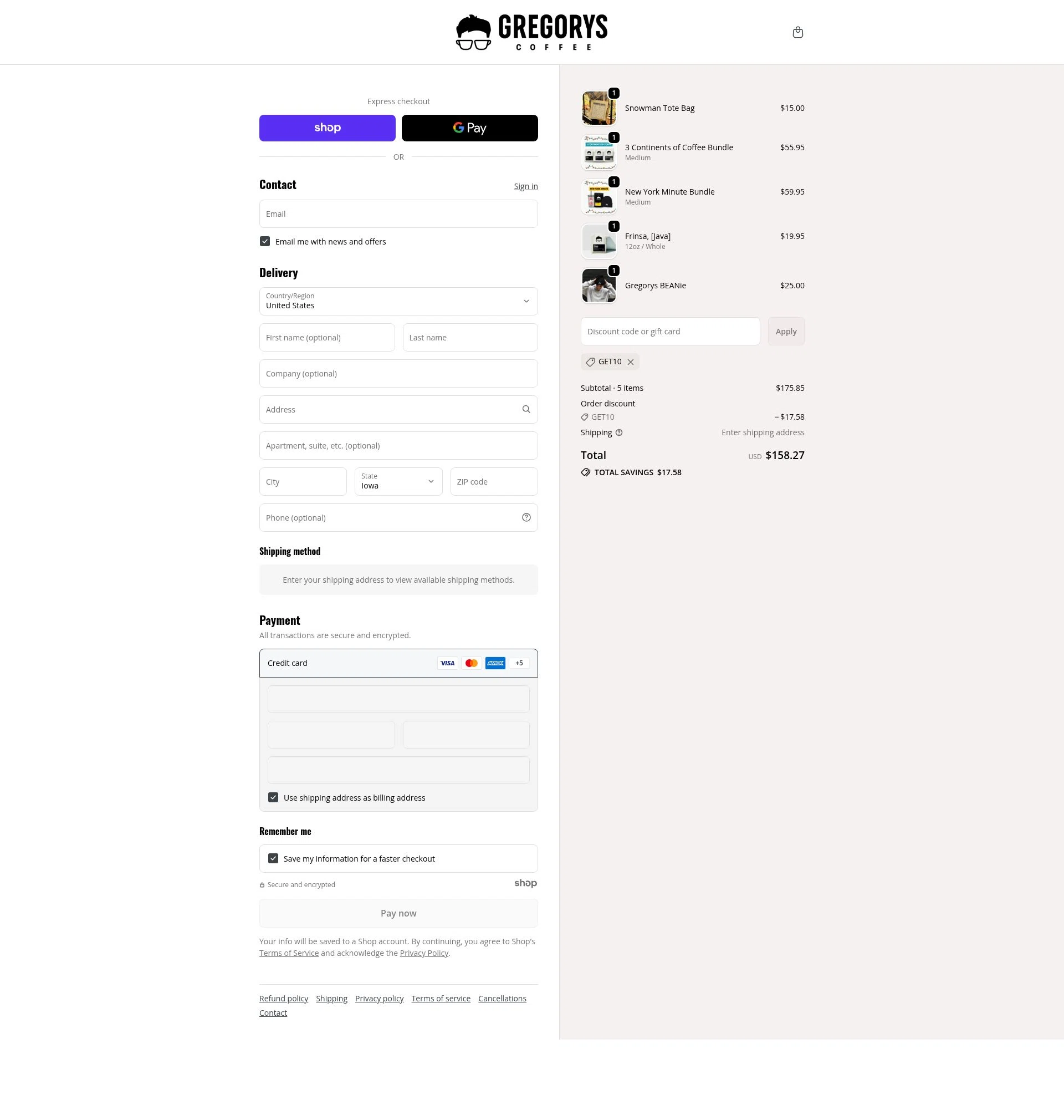 Gregorys Coffee checkout page showing Gregorys Coffee promo code box | Screenshot taken by SimplyCodes community member on Dec 20, 2025