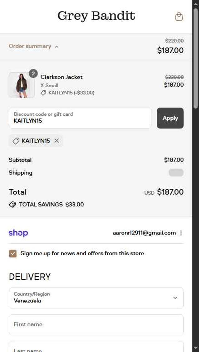 Grey Bandit checkout page showing Grey Bandit discount code box | Screenshot taken by SimplyCodes community member on Sep 11, 2025