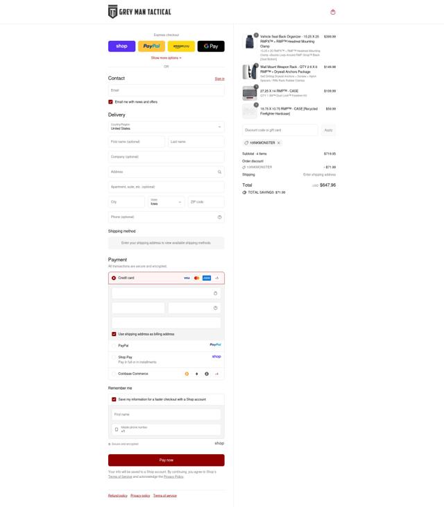 Grey Man Tactical checkout page showing Grey Man Tactical promo code box | Screenshot taken by SimplyCodes community member on Sep 15, 2025