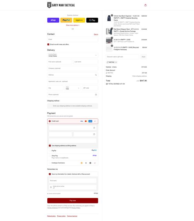 Grey Man Tactical checkout page showing Grey Man Tactical promo code box | Screenshot taken by SimplyCodes community member on Sep 15, 2025