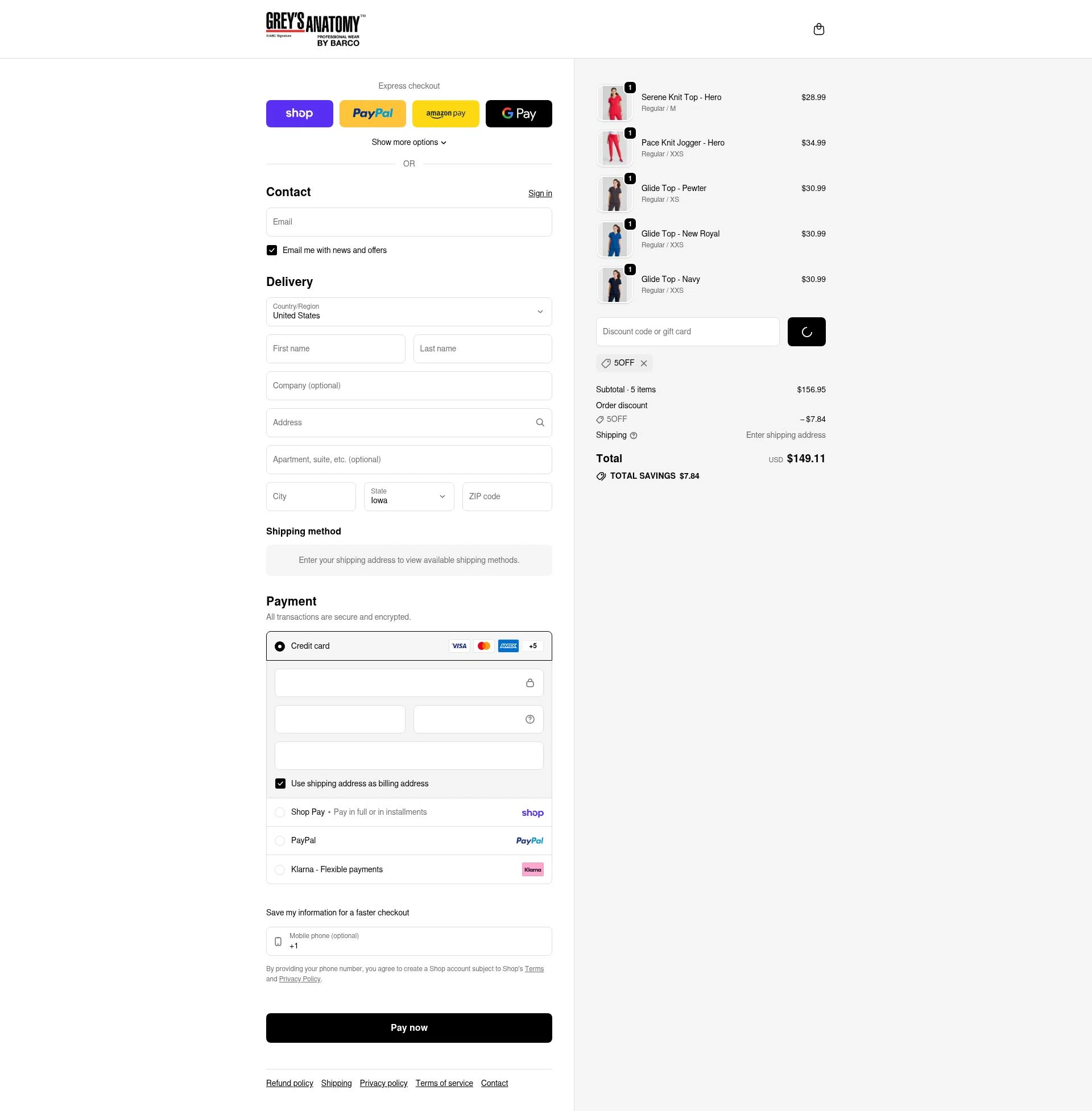Grey's Anatomy Scrubs checkout page showing Grey's Anatomy Scrubs promo code box | Screenshot taken by SimplyCodes community member on Feb 13, 2026