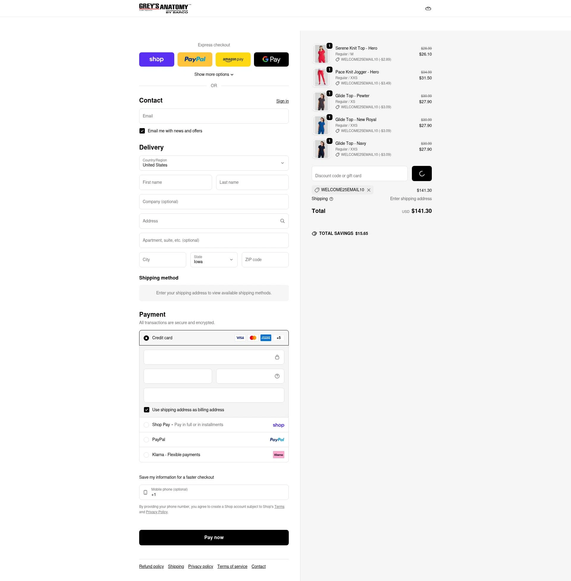 Grey's Anatomy Scrubs checkout page showing Grey's Anatomy Scrubs promo code box | Screenshot taken by SimplyCodes community member on Feb 13, 2026