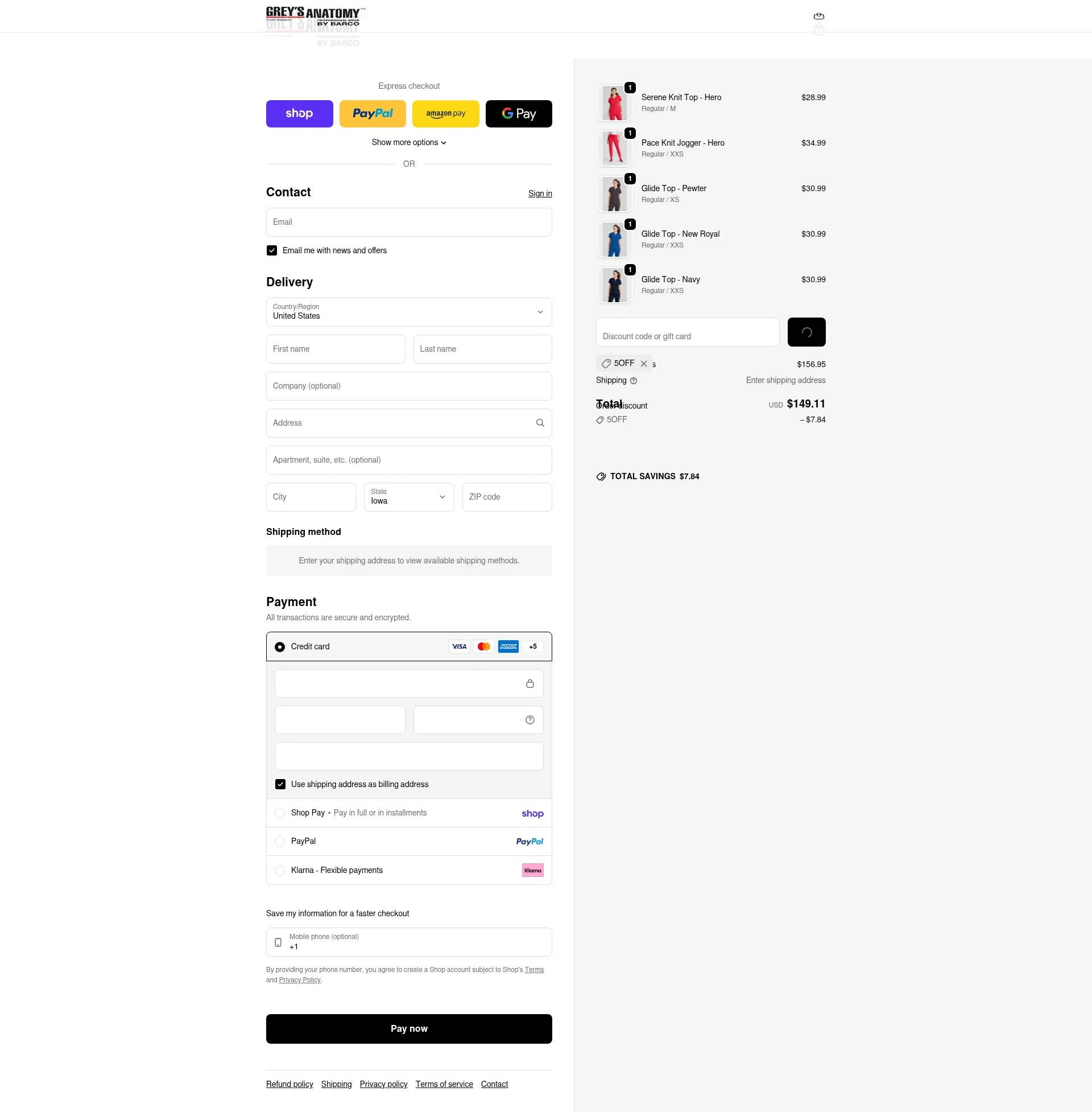 Grey's Anatomy Scrubs checkout page showing Grey's Anatomy Scrubs promo code box | Screenshot taken by SimplyCodes community member on Feb 8, 2026