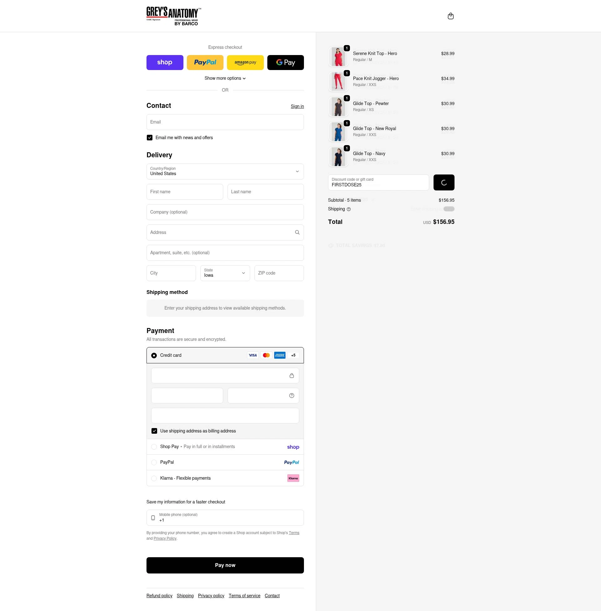Grey's Anatomy Scrubs checkout page showing Grey's Anatomy Scrubs promo code box | Screenshot taken by SimplyCodes community member on Feb 13, 2026