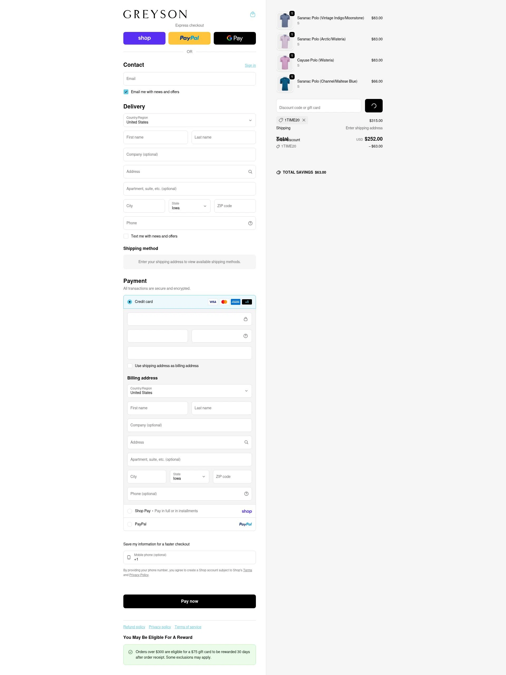 Greyson Clothiers checkout page showing Greyson Clothiers discount code box | Screenshot taken by SimplyCodes community member on Feb 20, 2026