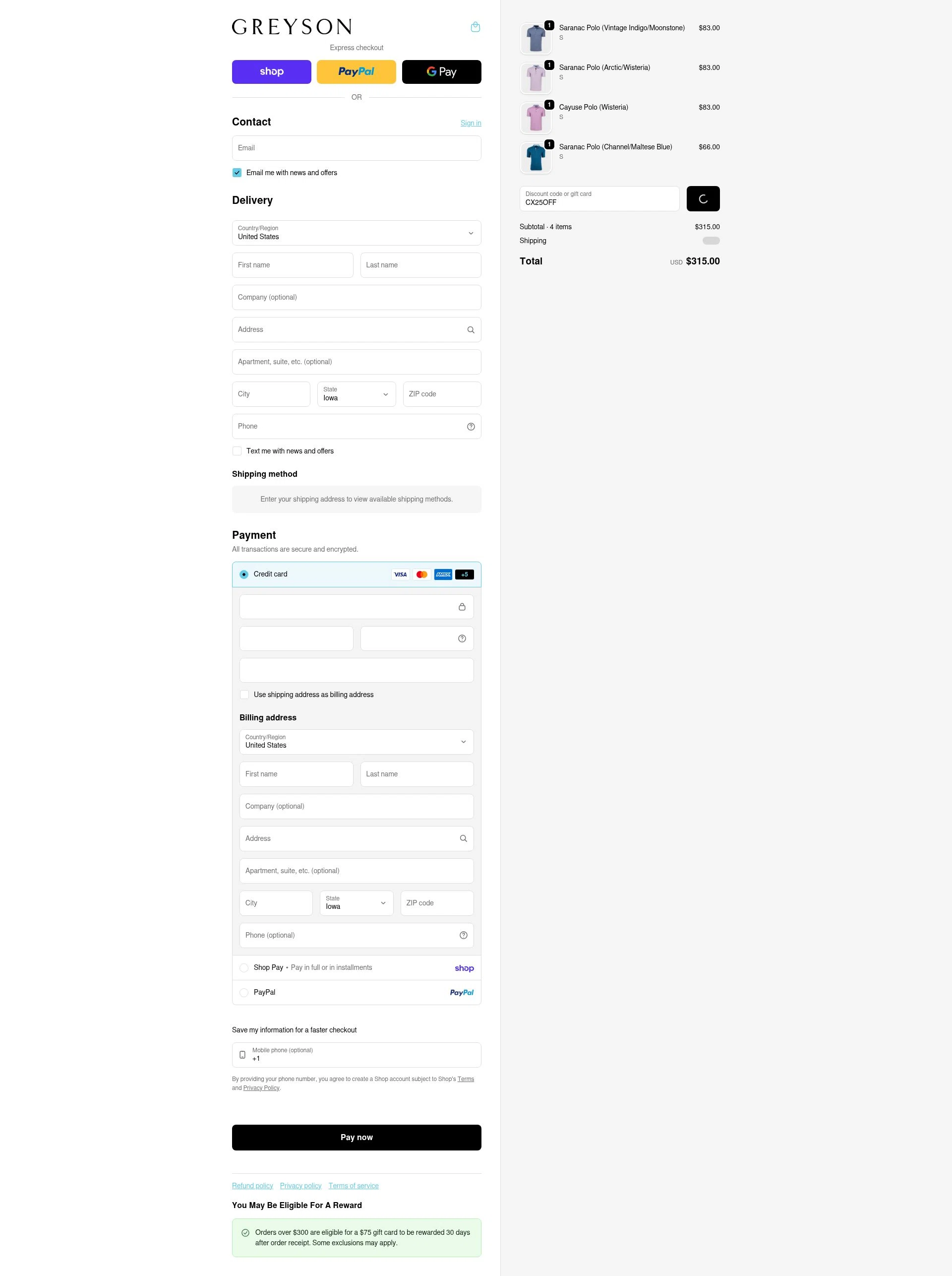 Greyson Clothiers checkout page showing Greyson Clothiers discount code box | Screenshot taken by SimplyCodes community member on Feb 17, 2026