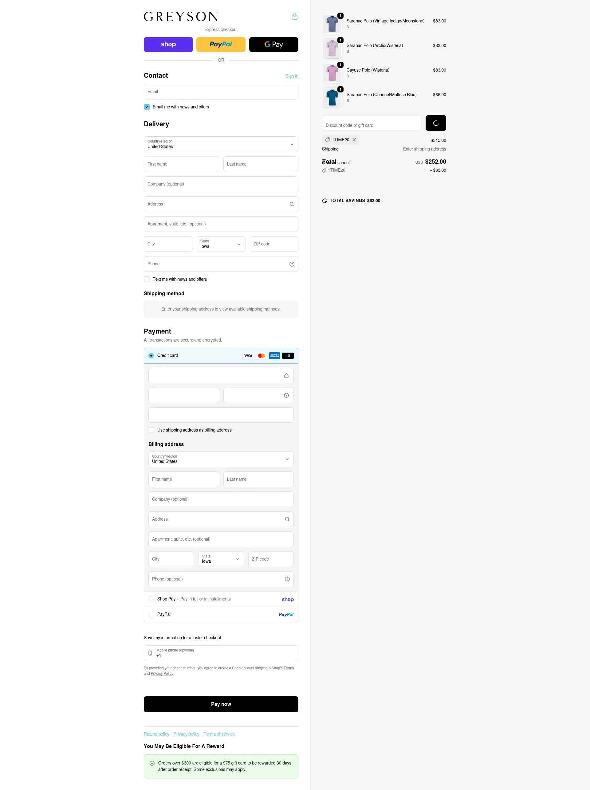 Greyson Clothiers checkout page showing Greyson Clothiers discount code box | Screenshot taken by SimplyCodes community member on Feb 19, 2026