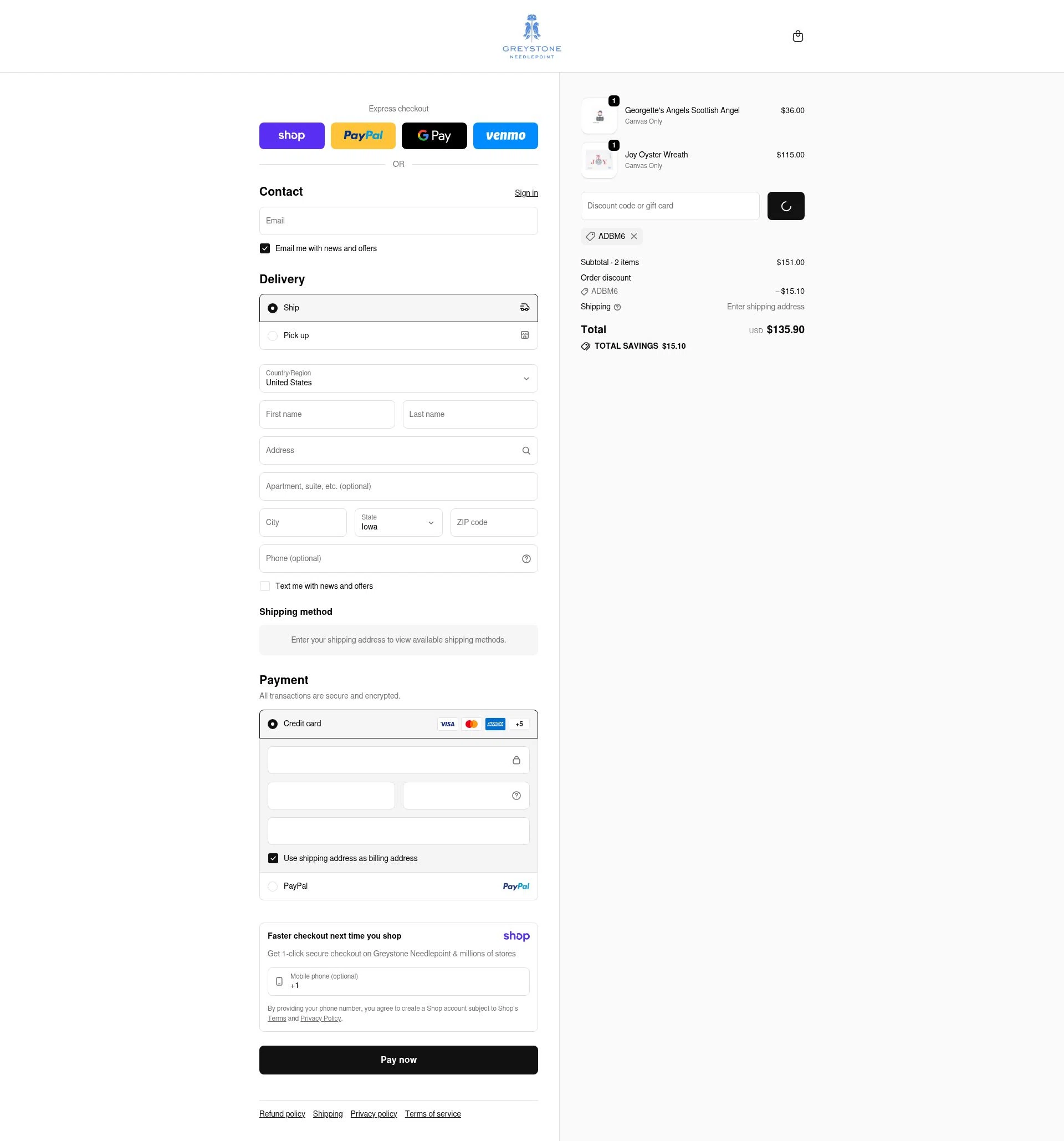 Greystone Needlepoint checkout page showing Greystone Needlepoint discount code box | Screenshot taken by SimplyCodes community member on Jan 8, 2026