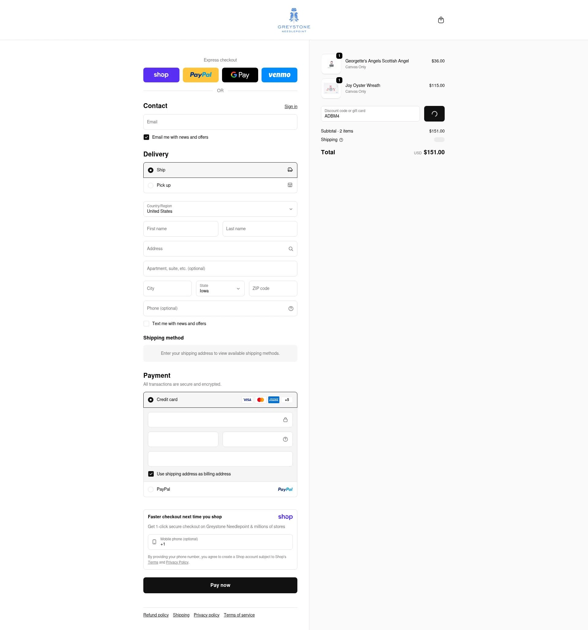 Greystone Needlepoint checkout page showing Greystone Needlepoint discount code box | Screenshot taken by SimplyCodes community member on Jan 8, 2026
