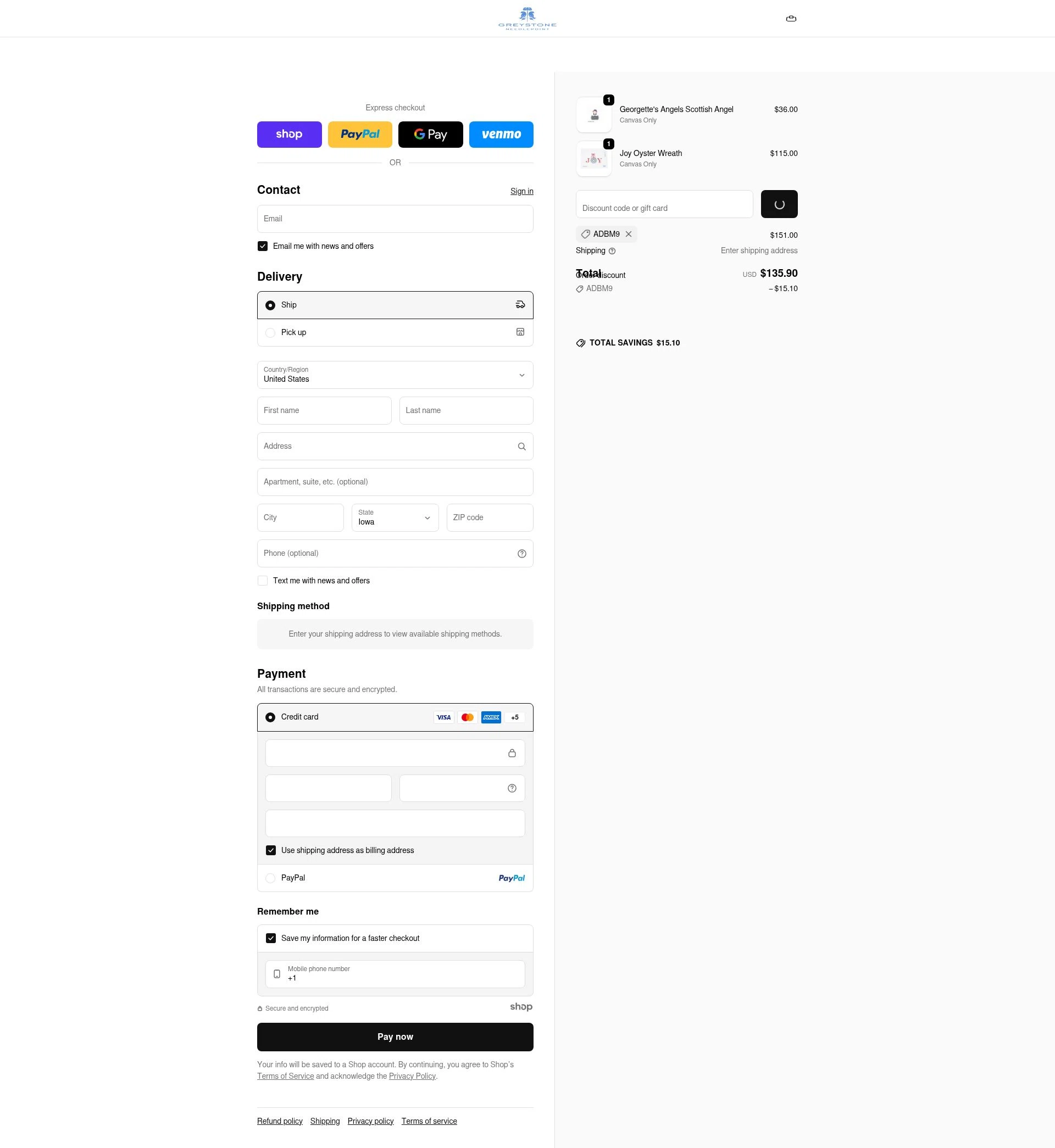 Greystone Needlepoint checkout page showing Greystone Needlepoint discount code box | Screenshot taken by SimplyCodes community member on Jan 3, 2026