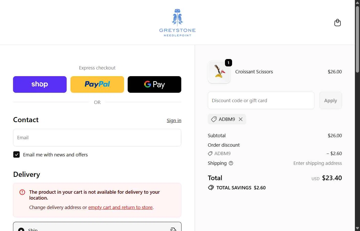 Greystone Needlepoint checkout page showing Greystone Needlepoint discount code box | Screenshot taken by SimplyCodes community member on Jan 8, 2026