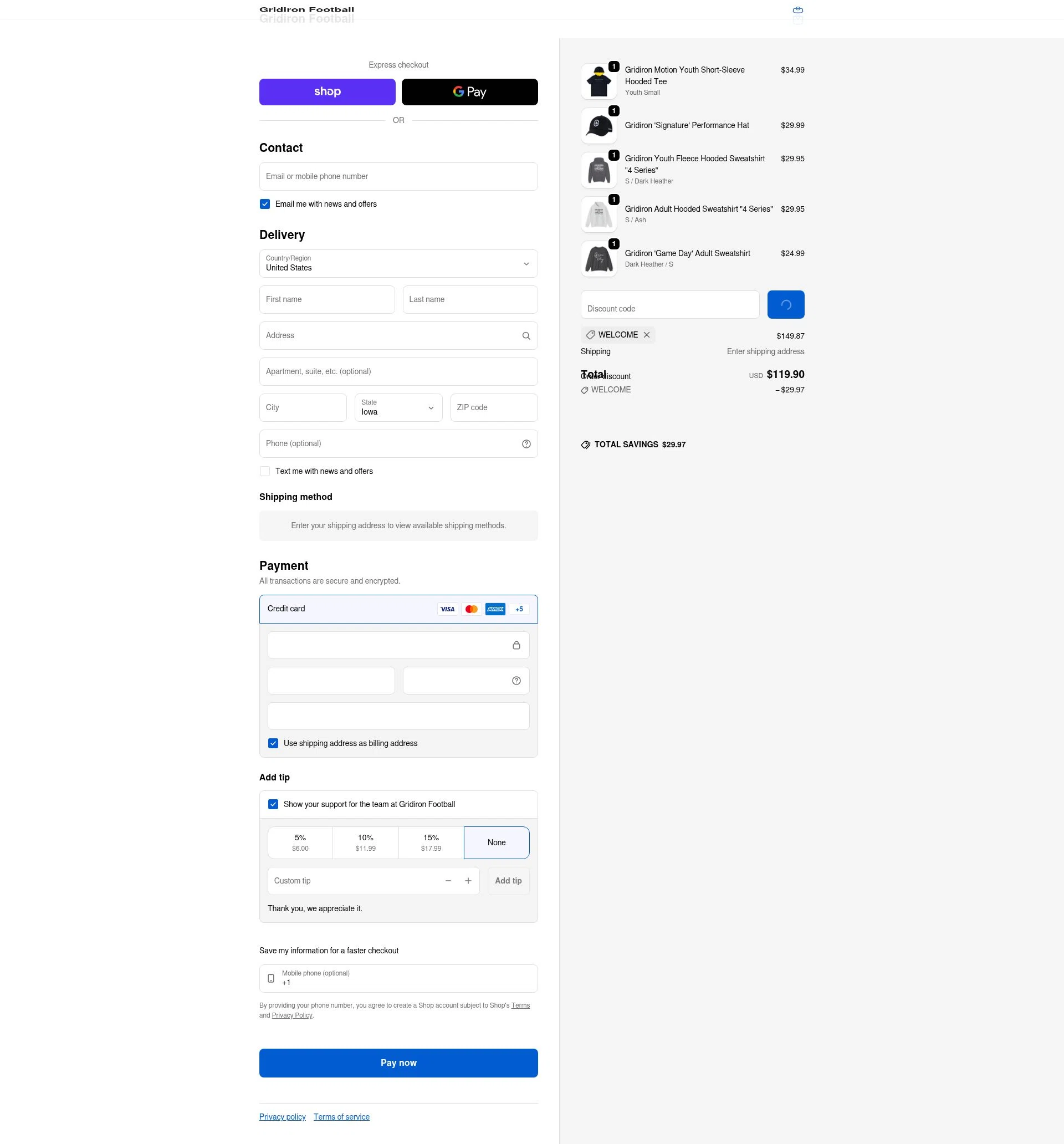 Gridironfb checkout page showing Gridironfb promo code box | Screenshot taken by SimplyCodes community member on Feb 15, 2026
